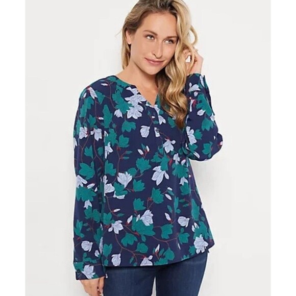 Denim & Co. QVC Printed V-Neck Henley Blouse Navy Plus Size 2X - Picture 1 of 11